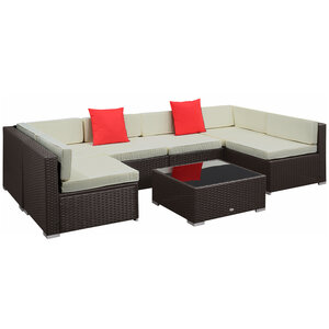 Ensemble salon de jardin 7 pièces modulables table basse plateau verre trempé coussins déhoussables inclus résine tressée imitation rotin brun foncé