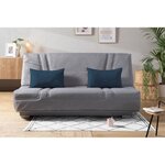 Banquette clic-clac 3 places tissu gris + Coussins déco bleu 193 cm