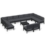 vidaXL Salon de jardin 13 Pièces avec coussins Noir Bois de pin solide