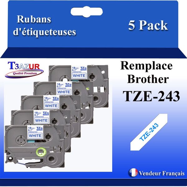 5x Rubans d'étiqueteuses compatibles avec Brother Tze243 Tze-243 pour étiqueteuses P-touch - Texte bleu sur fond blanc - Largeur 18 mm x 8 mètres - T3AZUR