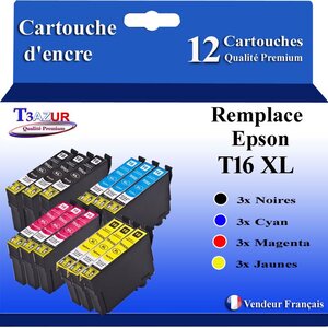 T3AZUR- 12x Cartouches Compatibles avec Epson 16XL 16 XL remplace Epson Workforce WF-2750 WF-2760 WF-2660 WF-2650 WF-2630 WF-2540 WF-2530 WF-2510 WF-2010