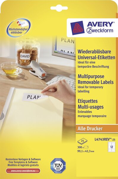Etiquettes stick+lift, 99,42,3 mm, blanc, sur 25f a4 avery zweckform