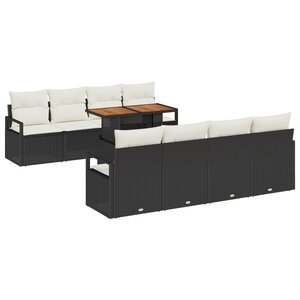 Ensemble de canapé de jardin de 9 pièces avec coussins en poly rattan noir acacia