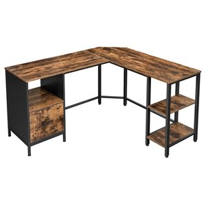 Bureau d'angle table en forme de l avec caisson à dossiers suspendus 2 étagères bureau à domicile montage facile cadre en acier style industriel marron rustique et noir 12_0001336