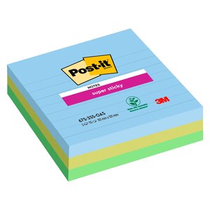 Notes lignées couleurs oasis super sticky post-it 101 x 101 mm assortis - bloc de 70 feuilles - lot de 12