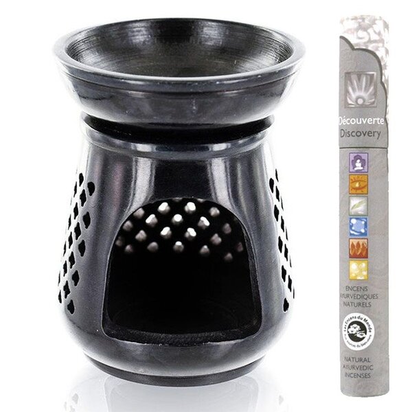 Diffuseur porte-encens en pierre noire Moucharabieh + encens ayurvédique