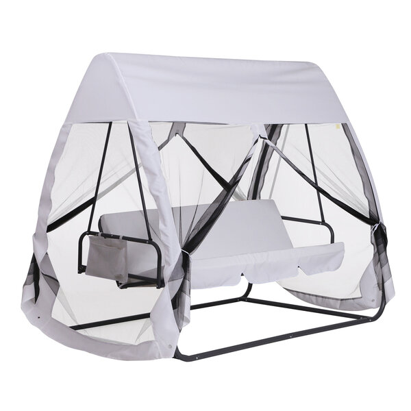 Balancelle de jardin convertible 3 places grand confort : matelas assise dossier  moustiquaire intégrale zippée avec toit   pochette rangement métal époxy polyester blanc