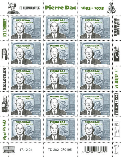 Feuille 15 timbres - Pierre Dac (1893-1975) - Lettre verte