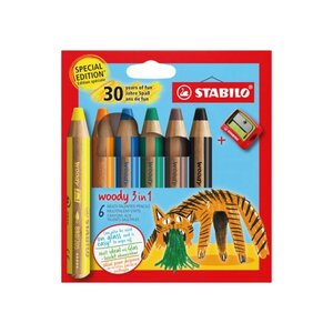 Crayons de couleur Stabilo Woody 3-en-1 30e anniversaire Tiger  pack de 6 + taille-crayons - Crayon de couleur  cire et aquarelle  tout en un - Mine XXL 10 mm - Couleurs assorties