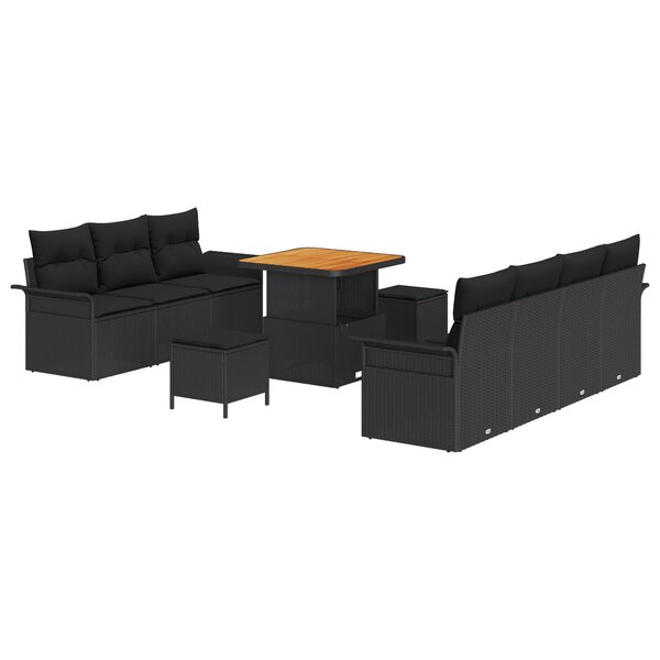 Ensemble de Canapé de Jardin de 10 Pièces avec Coussins Noir Poly Rattan Acacia