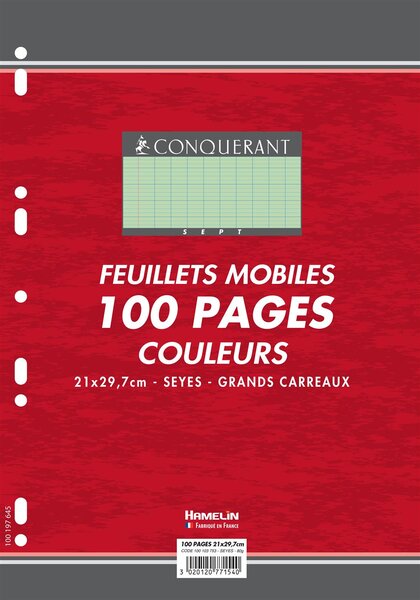 Feuillets mobiles 21x29,7 cm 100 pages grands carreaux verts 80g CONQUÉRANT SEPT