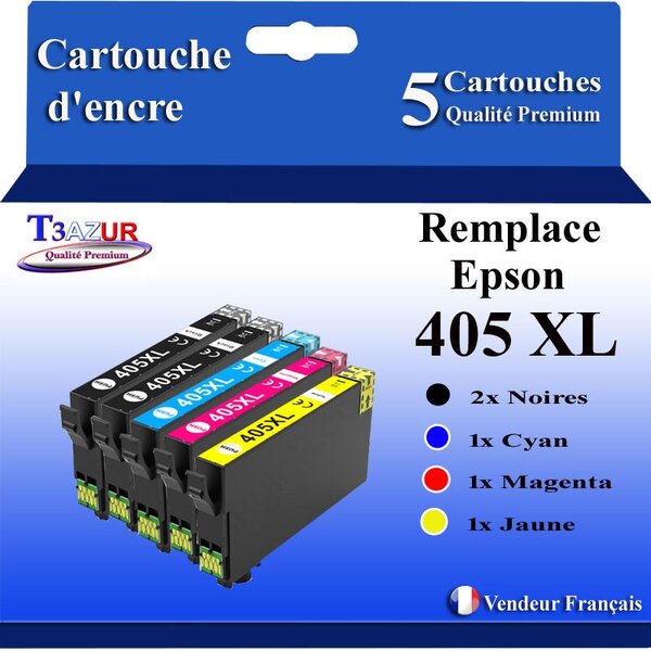 T3AZUR - 5x Cartouches compatibles avec Epson WorkForce Pro WF-7835DTWF (2Noires + 1Cyan + 1 Magenta + 1 Jaune)