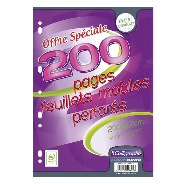 Paquet 100 Feuillets Mobile 21x29,7 cm 200 pages Perforées Petits Carreaux 90g CALLIGRAPHE