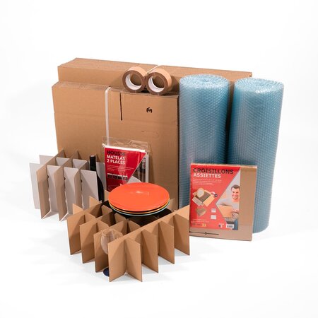 Super kit de déménagement  complet avec cartons classiques  vaisselle  housse  bulles et adhésifs.