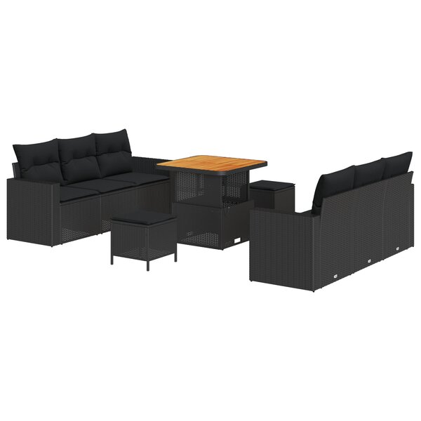 Canapés de Jardin 9 Pièces avec Coussins Noir Poly Rattan Acacia