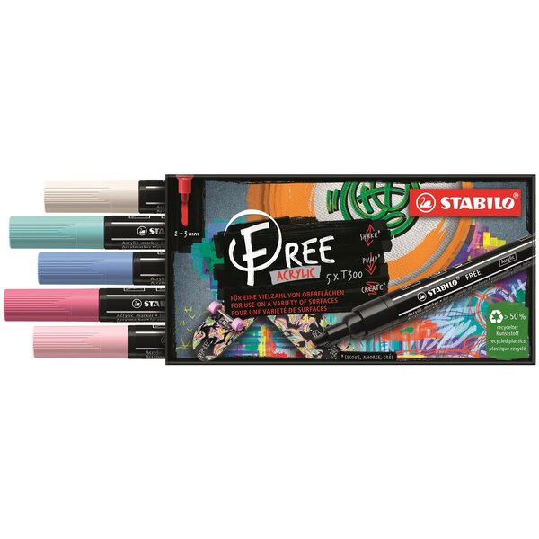 Etui carton 5 marqueurs pointe moyenne FREE acrylic T300 Set 1 'Candy' x 5 STABILO