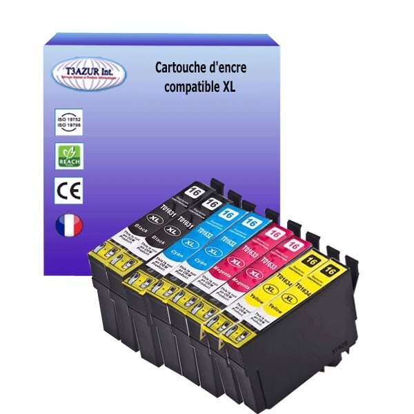 8 Cartouches Compatibles  pour Epson WF2010W, WF2510WF, WF2520NF, WF2750DWF, WF2760DWF remplace Epson T16XL - T3AZUR