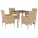 vidaXL Ensemble à manger de jardin et coussins 5 Pièces beige rotin verre