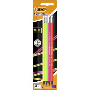 Lot de 4 Crayons Evolution Fluo HB avec gomme blister à 4 couleurs assorties BIC