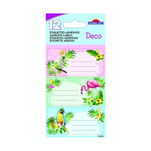 12 étiquettes adhésives scolaires - Rectangle - Tropical - Paillettes
