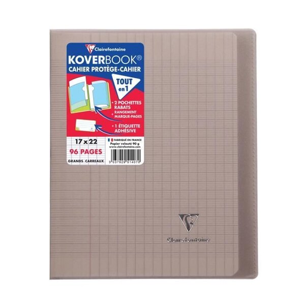 CLAIREFONTAINE - Cahier piqûre KOVERBOOK - 17 x 22 - 96 pages Seyes - Couverture Polypro translucide - Couleur marron