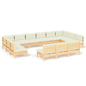 vidaXL Salon de jardin 13 Pièces avec coussins crème Bois de pin massif