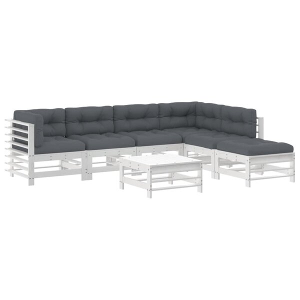 vidaXL Salon de jardin 7 Pièces avec coussins blanc bois massif
