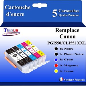 T3AZUR - 5x Cartouches compatibles avec Canon Canon PGI-550 CLI-551 XL pour Canon Pixma MG7150 MG7500 MG7550 MX720 MX725 MX920 MX925