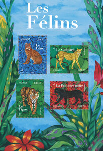 Bloc 4 timbres - Les Félins - Lettre verte