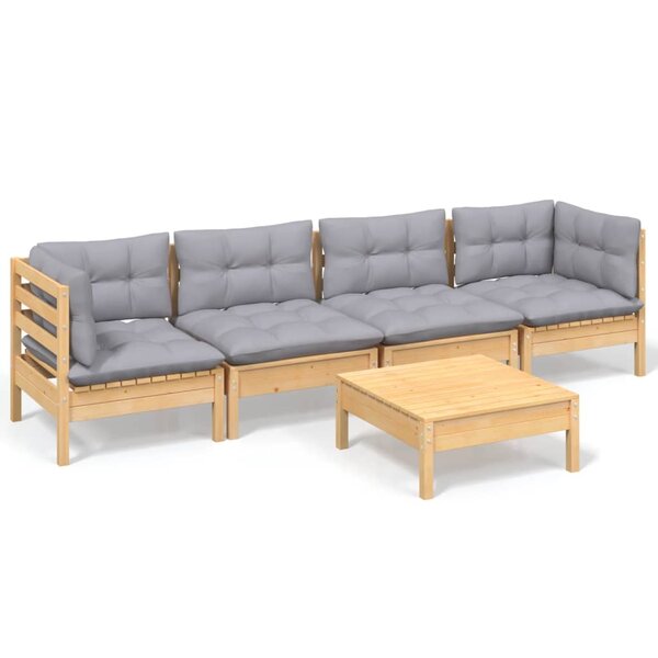vidaXL Salon de jardin 5 Pièces avec coussins gris bois de pin massif