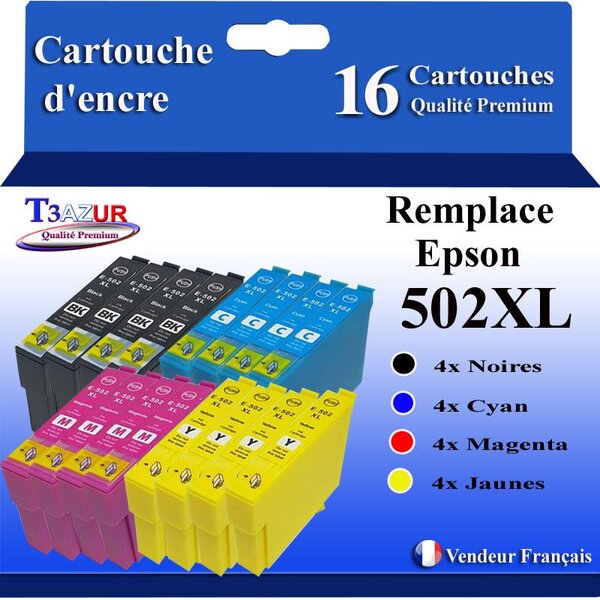 T3AZUR - 16x Cartouches compatibles avec Epson Expression Home XP-5100  XP-5105  XP-5115  XP-5150  XP-5155  502XL