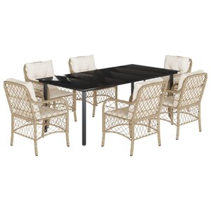 vidaXL Ensemble à manger de jardin et coussins 7 Pièces beige poly rotin