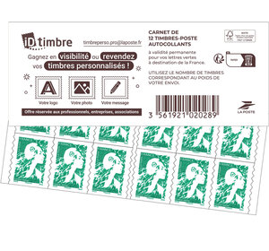 Carnet 12 timbres Marianne de l'avenir - Lettre Verte - Couverture ID Timbre