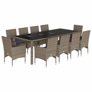 vidaXL Ensemble à manger de jardin et coussins 11 Pièces gris rotin verre