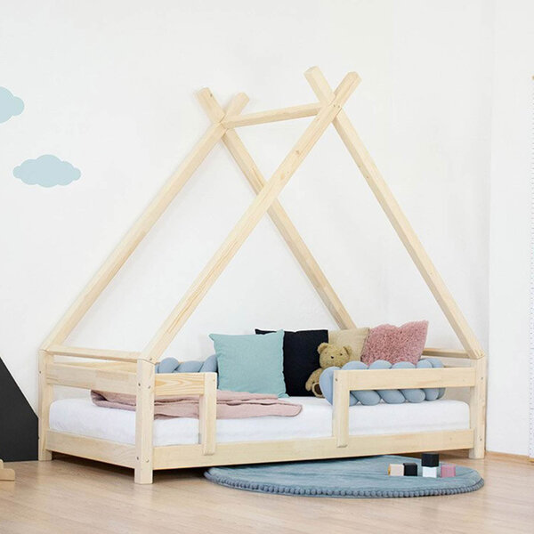 Lit Tipi enfant avec barrière bois massif naturel 90 x 160 cm