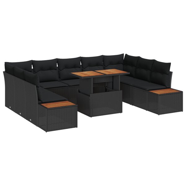 vidaXL Ensemble de Salle à Manger de Jardin 10 Pièces avec Coussins Noir en Rattan Acacia
