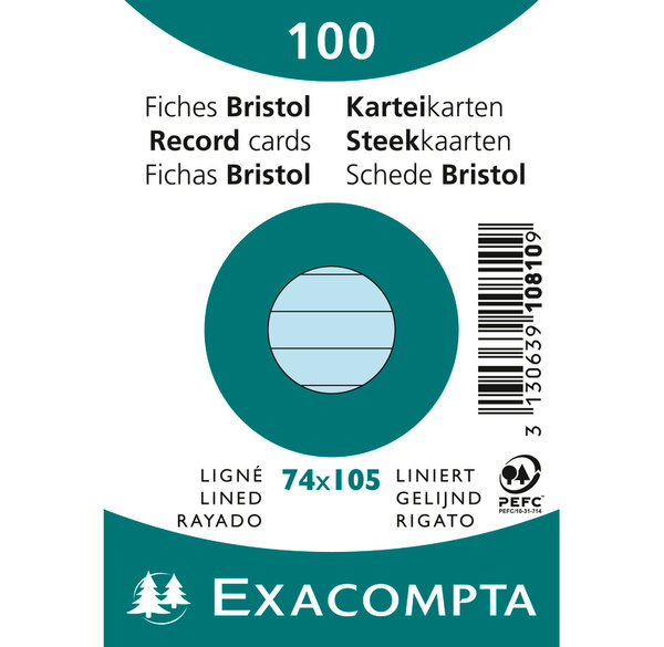 Paquet de 100 Fiches Bristol A7 bleu ligné s/s film EXACOMPTA