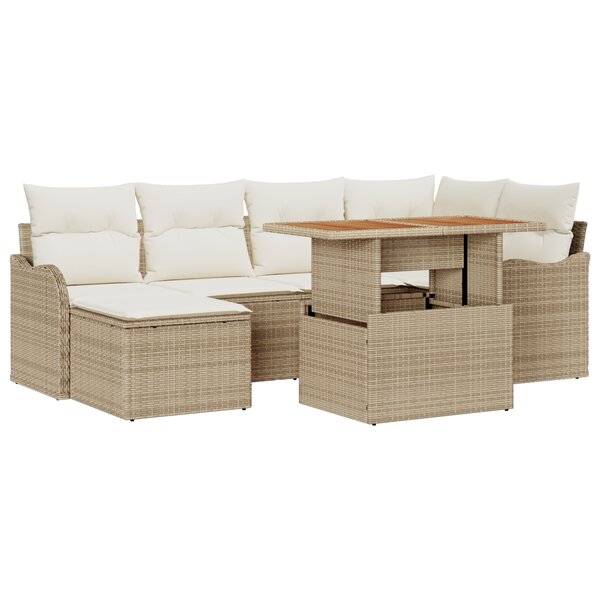 Ensemble de canapé de jardin de 7 pièces avec coussins beige en poly rotin acacia