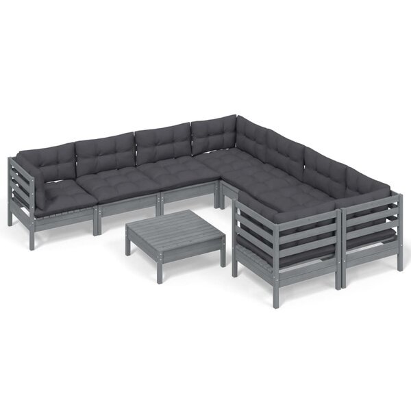 vidaXL Salon de jardin 9 Pièces avec coussins gris bois de pin