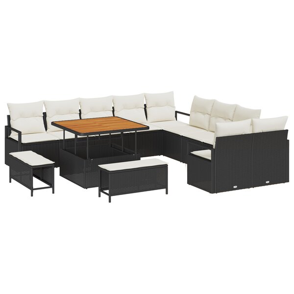 Set de canapé de jardin de 13 pièces avec coussins en poly rotin noir et acacia
