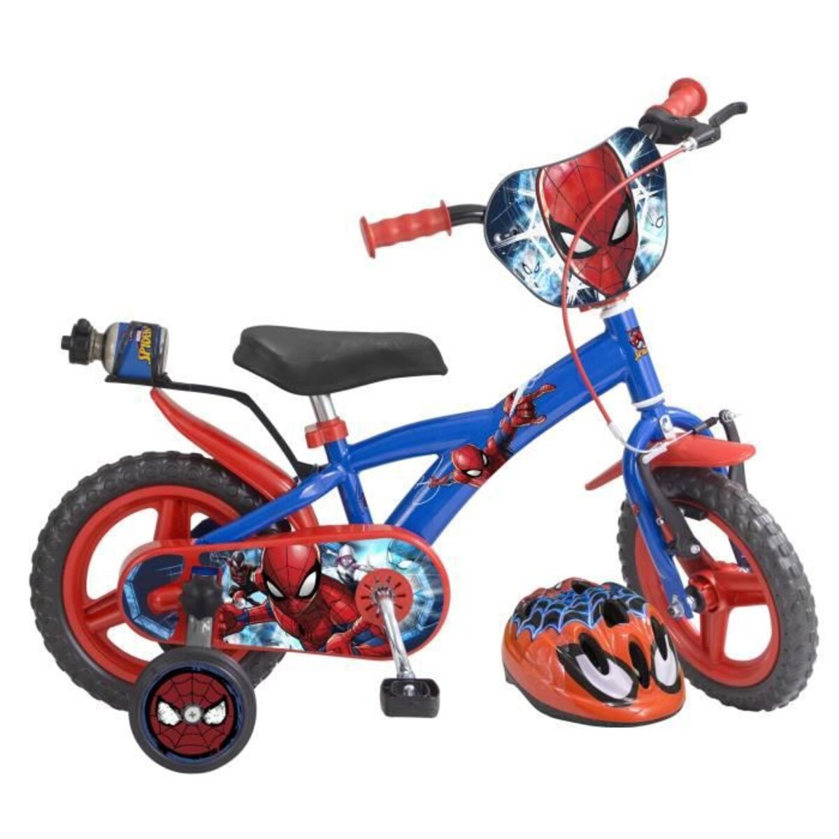 Marvel Vélo 12 Garçon Licence Spiderman + Casque pour enfant de 85/100 cm  avec stabilisateurs à molettes - 1 frein - Plaque décorative avant - Porte  bidon pas cher 
