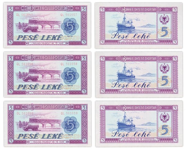 Billet de Collection LOT 3 X 5 leke 1976 Albanie - Neuf - P42 - 3 Numéros qui se suivent