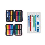 Trousse à crayons Milan Collection 430 à 2 niveaux avec 2 gommes  un taille-crayon  un crayon  un stylo à bille P1 Touch Blue  une règle  12 crayons de couleur et 18 marqueurs - Rose
