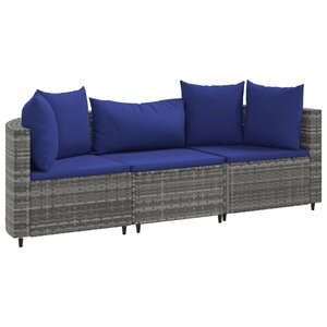 vidaXL Salon de jardin avec coussins 3 Pièces gris résine tressée