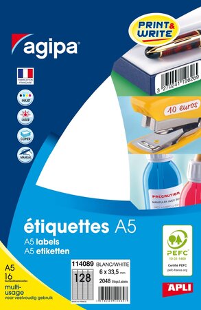 Etiquettes blanches 16 feuilles A5 6 x 33 5 mm 2048 pièces