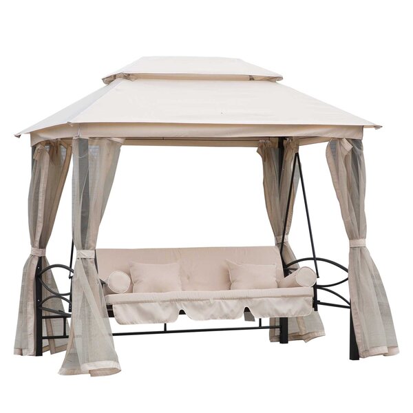 Balancelle de jardin 3 places convertible style colonial grand confort 2 coussins + matelas + moustiquaires inclus noir beige