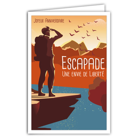 Carte Joyeux Anniversaire avec Enveloppe - Mini Poster Format 17x11 5cm Style Rétro Vintage - Escapade Une Envie de Liberté Randonneur Coucher de Soleil - Fabriquée en France