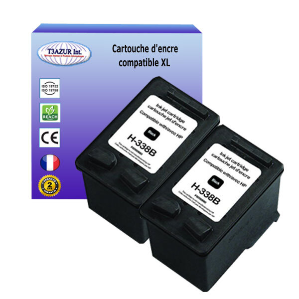 1+1 Cartouches compatibles avec HP PhotoSmart 1222, 2570, 2571, 2573, 2575, 2577, 2578, 2600, 2605, 2608 remplace HP 338 (C8765EE) Noire 18ml - T3AZUR