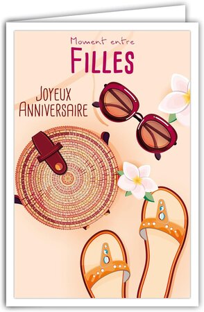 Carte Joyeux Anniversaire avec Enveloppe - Filles Femmes - Mini Posters Format 17x11 5cm - Lunettes de Soleil Estivales Fleurs Sable Rétro Vintage - Fabriquée en France