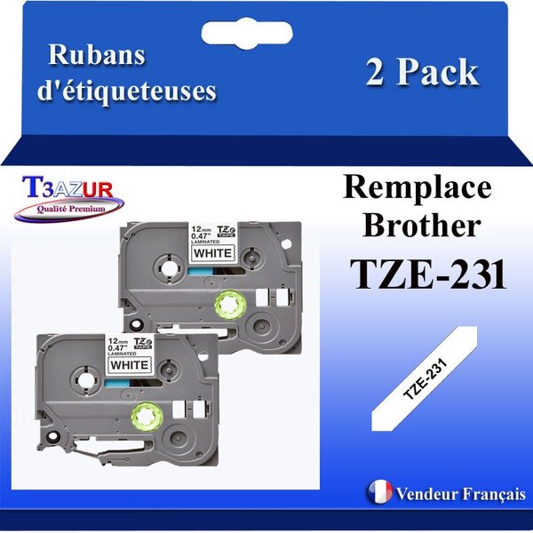 2x Rubans d'étiqueteuses compatibles avec Brother Tze231  Tze-231 pour étiqueteuses P-touch - Texte noir sur fond blanc - Largeur 12 mm x 8 mètres - T3AZUR